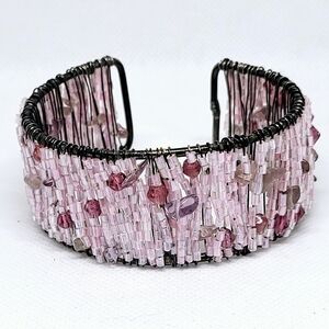 Boho Pink Beaded Cuff Bracelet Statement Wire Wrap Jewelry